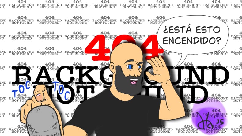 Salgo yo, calvo y con barba, dándole toques a un micro en primer plano y preguntando a alguien "fuera de cámara" si está encendido. El fondo es un error 404, imagen no encontrada.